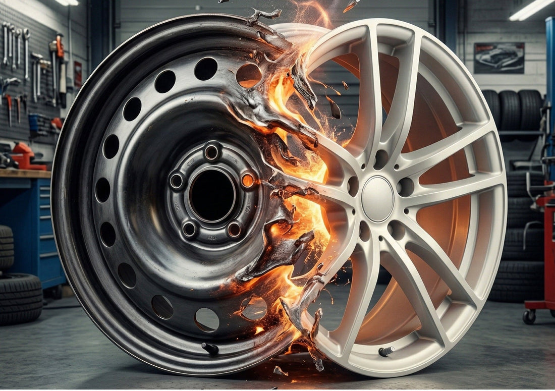 Steel car wheel morphing into an alloy car wheel